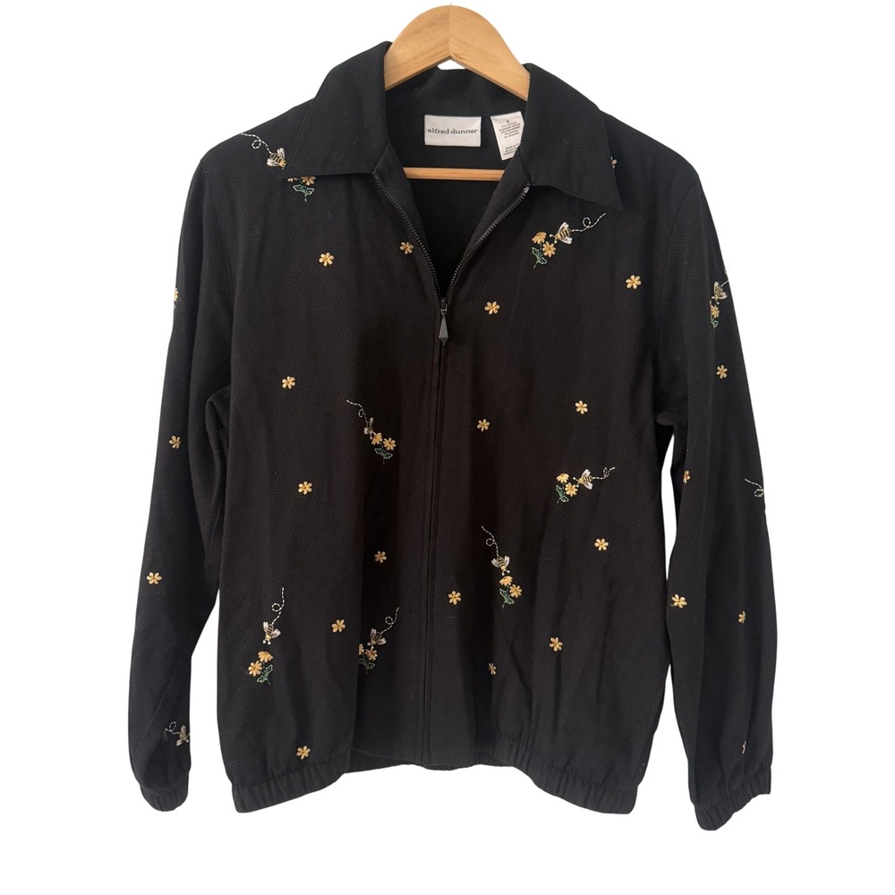 Alfred Dunner Zip Up Jacket Womens 8 Black Excellent Embroidered Bee Floral